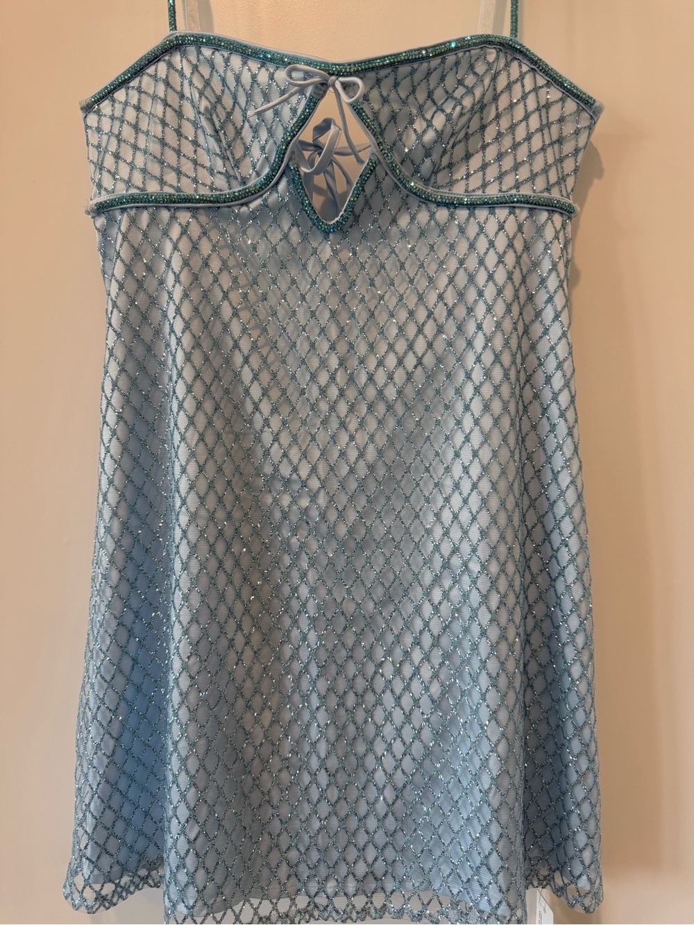 NWT For Love & Lemons Blue Glitter Mesh Mini Slip Dress Rhinestone Fishnet - Picture 2 of 8